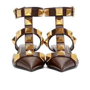 Valentino Garavani Brown Leather Pointed T-Strap Heels with Gold Studs